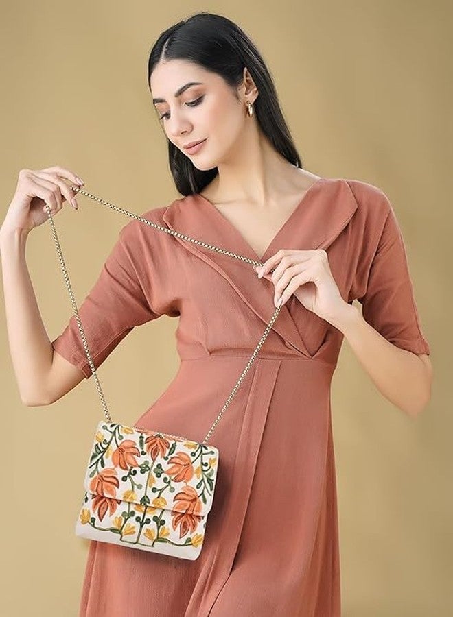 EVEDA Synthetic Leather Stylish Fancy Gorgeous Embroidered Design Crossbody Gold Chain Side Sling Bag For Women (Cream) - Image 3